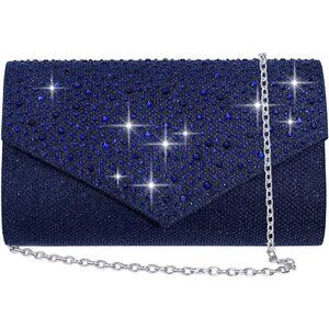 Women Navy Blue Imported Magnetic Purse Rhinestone Envelope Party Handbag